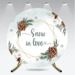 Aperturee - Aperturee Snow in Love Round Backdrop for Winter Wedding Bridal Shower with Pinecones White Roses and Snowflakes Decor