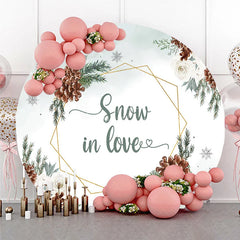 Aperturee - Aperturee Snow in Love Round Backdrop for Winter Wedding Bridal Shower with Pinecones White Roses and Snowflakes Decor