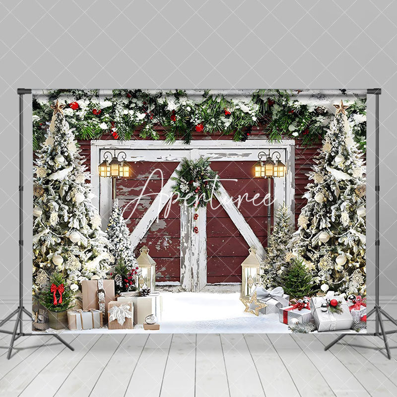 Aperturee - Aperturee Snow Pine Leaves Wreath Barn Door Tree Xmas Backdrop