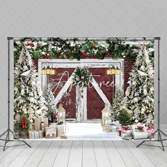 Aperturee - Aperturee Snow Pine Leaves Wreath Barn Door Tree Xmas Backdrop