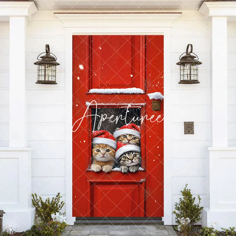 Aperturee - Aperturee Snow Red Door Santa Cat Christmas Tree Door Cover