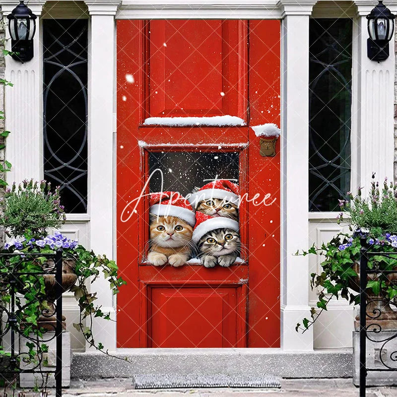 Aperturee - Aperturee Snow Red Door Santa Cat Christmas Tree Door Cover