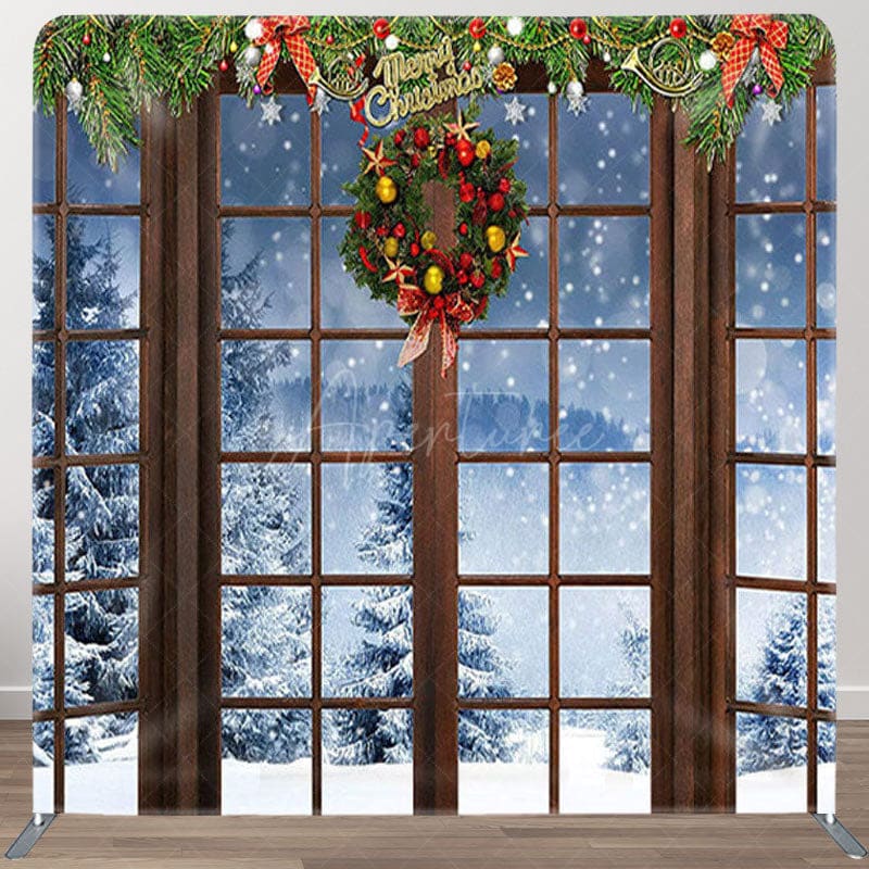 Aperturee - Aperturee Snow Scene Brown Wood Window Christmas Backdrop Cover
