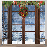 Aperturee - Aperturee Snow Scene Brown Wood Window Christmas Backdrop Cover