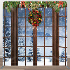 Aperturee - Aperturee Snow Scene Brown Wood Window Christmas Backdrop Cover