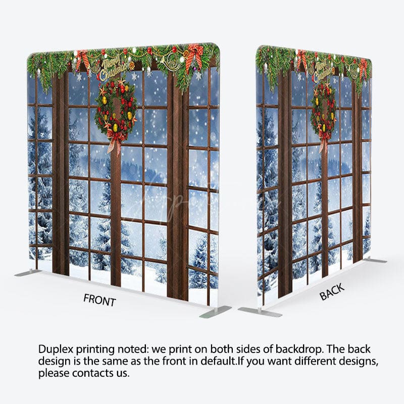 Aperturee - Aperturee Snow Scene Brown Wood Window Christmas Backdrop Cover