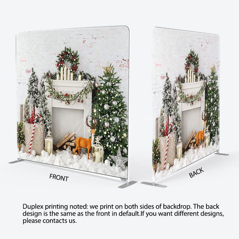 Aperturee - Aperturee Snow Tree Elk Brick Fireplace Christmas Backdrop