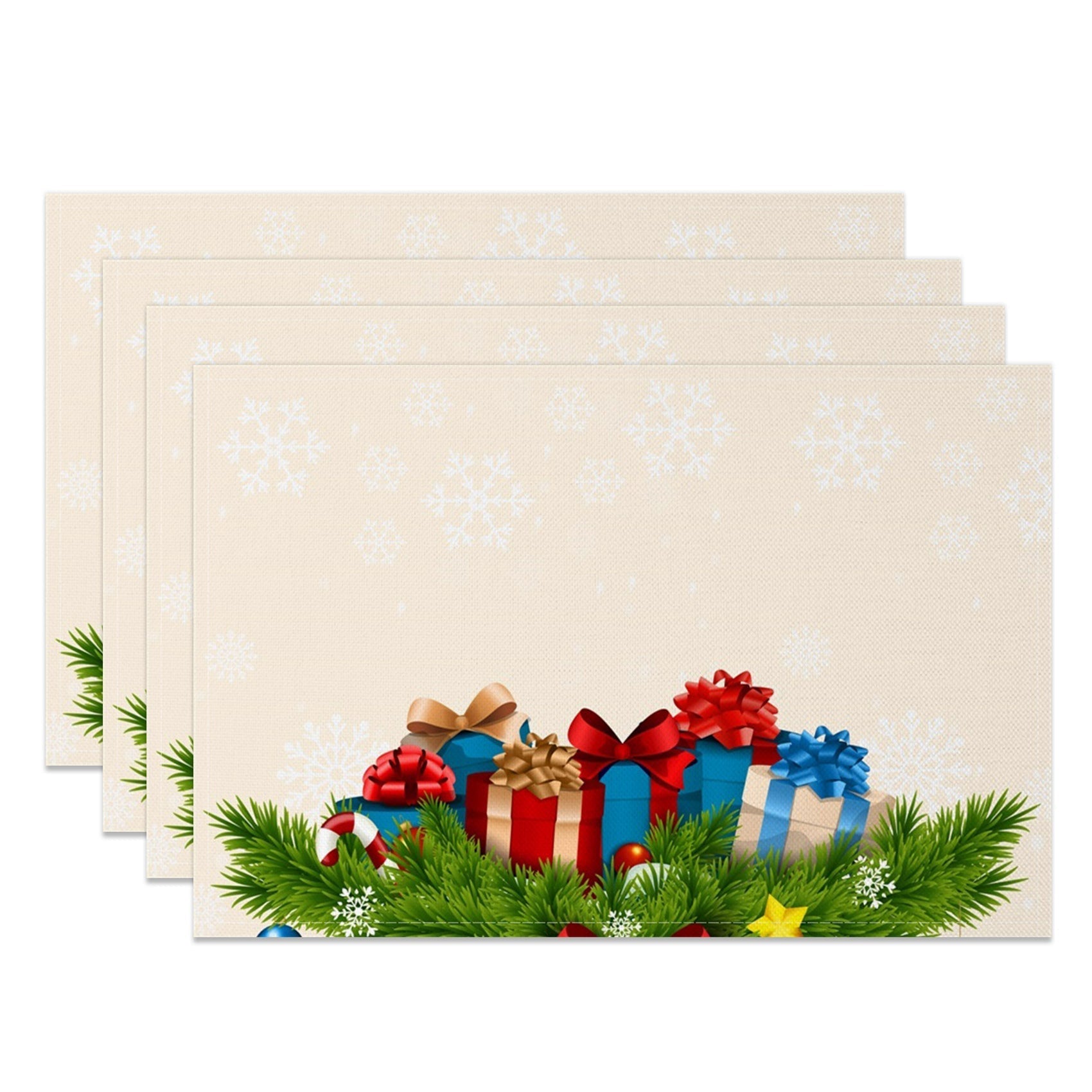 Aperturee - Aperturee Snowflake Leaves Gifts Biege Xmas Set Of 4 Placemats