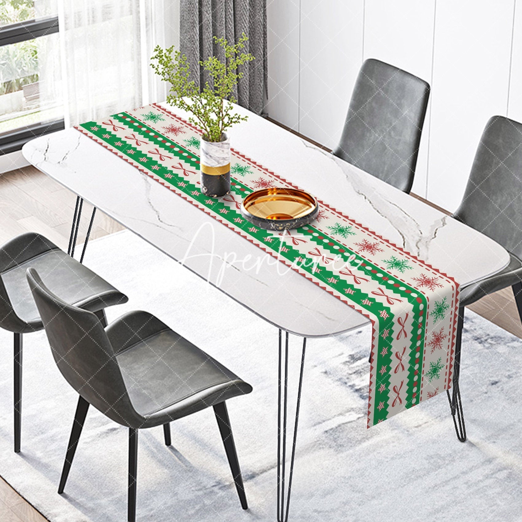 Aperturee - Aperturee Snowflakes Bowknot Christmas Stripe Table Runner