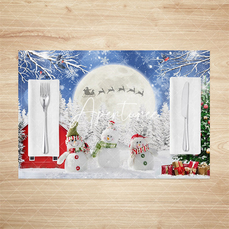 Aperturee - Aperturee Snowman Moon Pine Forest Christmas Set Of 4 Placemats
