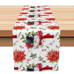 Aperturee - Aperturee Snowman Poinsettia Cherry Merry Christmas Table Runner