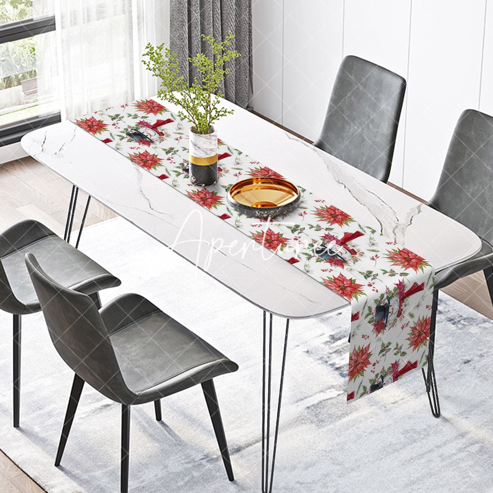 Aperturee - Aperturee Snowman Poinsettia Cherry Merry Christmas Table Runner