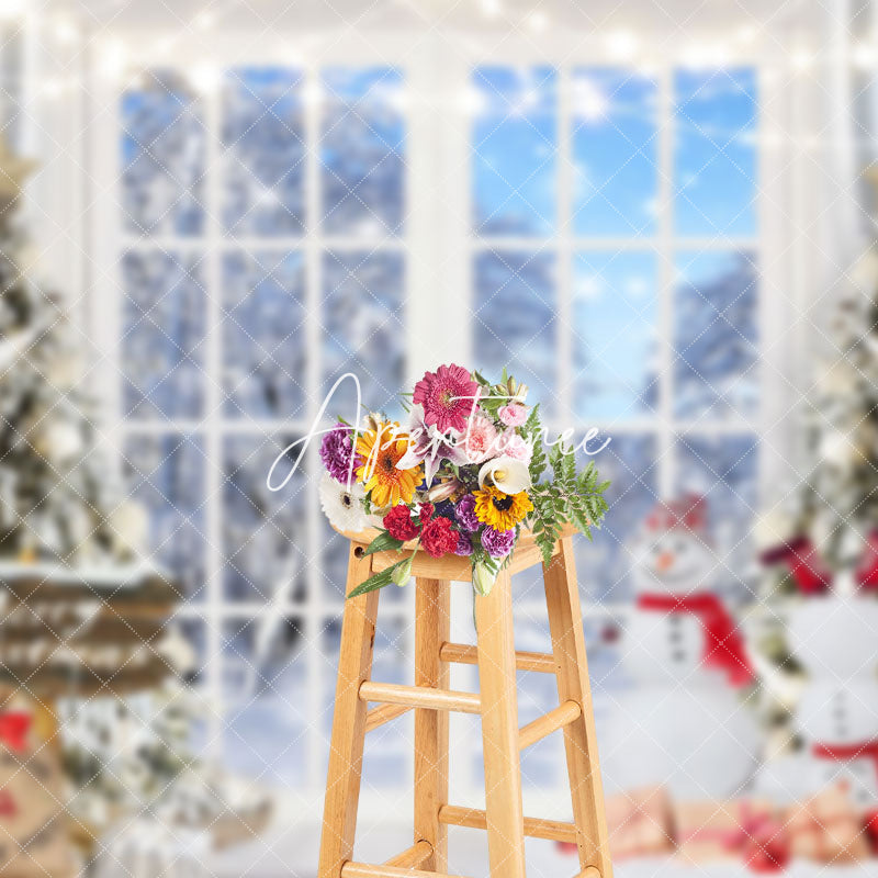 Aperturee - Aperturee Snowman Window White Snow World Christmas Backdrop