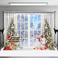 Aperturee - Aperturee Snowman Window White Snow World Christmas Backdrop
