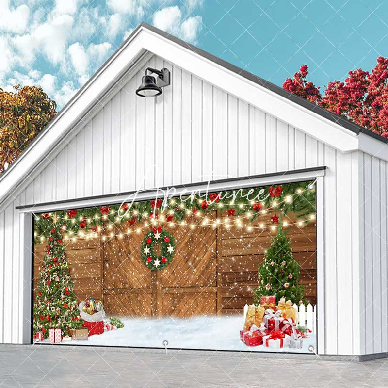 Aperturee - Aperturee Snowy Barn Door Christmas Tree Garage Door Banner