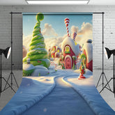 Aperturee - Aperturee Snowy Candyland Green Red House Christmas Backdrop