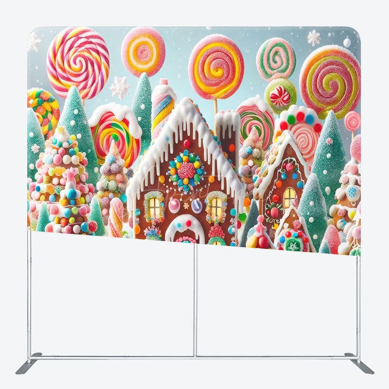 Aperturee - Aperturee Snowy Candyland House Square Arch Christmas Backdrop