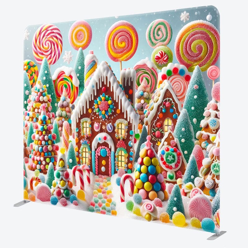 Aperturee - Aperturee Snowy Candyland House Square Arch Christmas Backdrop