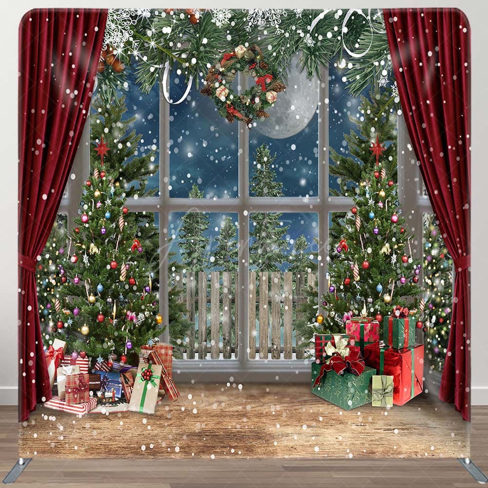 Aperturee - Aperturee Snowy Christmas Gifts Red Curtain Tension Fabric Backdrop
