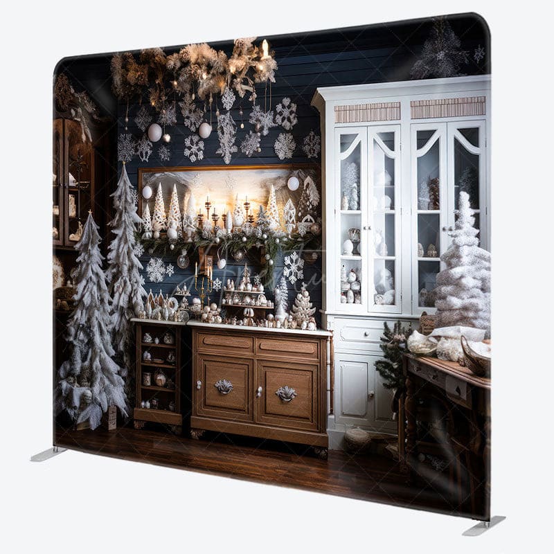 Aperturee - Aperturee Snowy Christmas Kitchen Fabric Photo Booth Backdrop