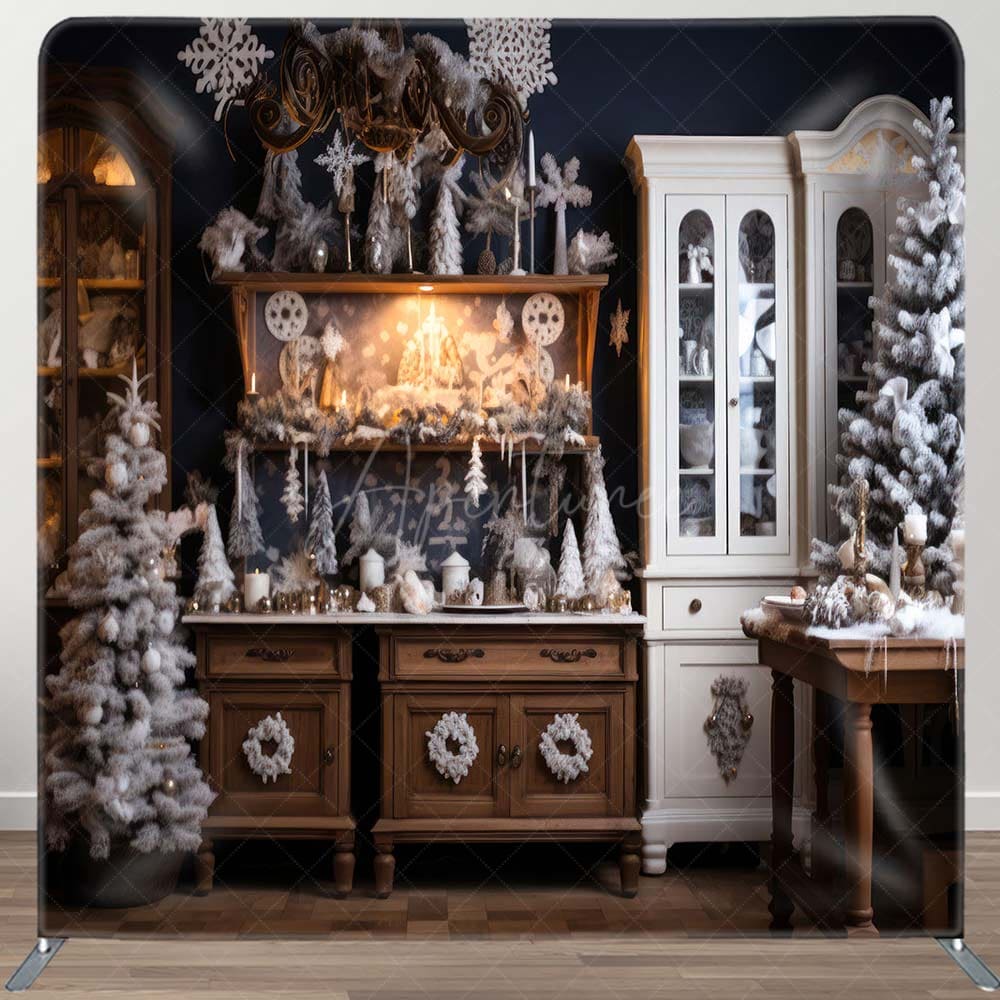 Aperturee - Aperturee Snowy Christmas Kitchen Photo Booth Fabric Backdrop