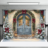 Aperturee - Aperturee Snowy Christmas Trees and Red Bows Holiday Backdrop Festive Winter Entrance with Cozy Lanterns