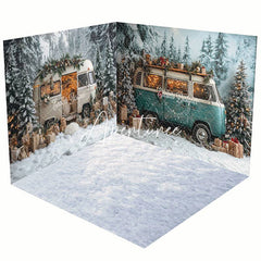 Aperturee - Aperturee Snowy Christmas Vibe Car Forest Room Set Backdrop