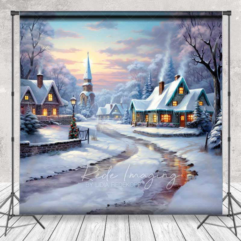 Aperturee - Aperturee Snowy Christmas Village Photography Backdrop Cozy Cottages in Winter Painted Holiday Landscape Photo Prop