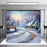 Aperturee - Aperturee Snowy Christmas Village Photography Backdrop Cozy Cottages in Winter Painted Holiday Landscape Photo Prop