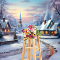 Aperturee - Aperturee Snowy Christmas Village Photography Backdrop Cozy Cottages in Winter Painted Holiday Landscape Photo Prop