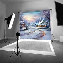 Aperturee - Aperturee Snowy Christmas Village Photography Backdrop Cozy Cottages in Winter Painted Holiday Landscape Photo Prop