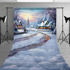 Aperturee - Aperturee Snowy Christmas Village Sweep Photo Backdrop Painted Cottages in Winter Holiday Landscape Photo Prop