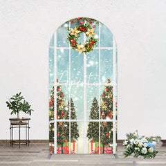 Aperturee - Aperturee Snowy Christmas Wreath Window Scene Arch Backdrop