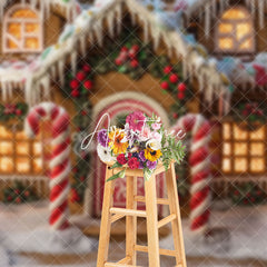 Aperturee - Aperturee Snowy Colorful Gingerbread House Christmas Backdrop