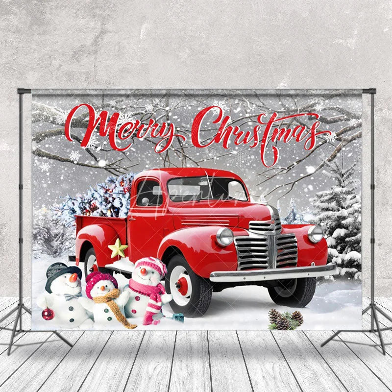 Aperturee - Aperturee Snowy Field Red Car Snowman Christmas Vibe Backdrop