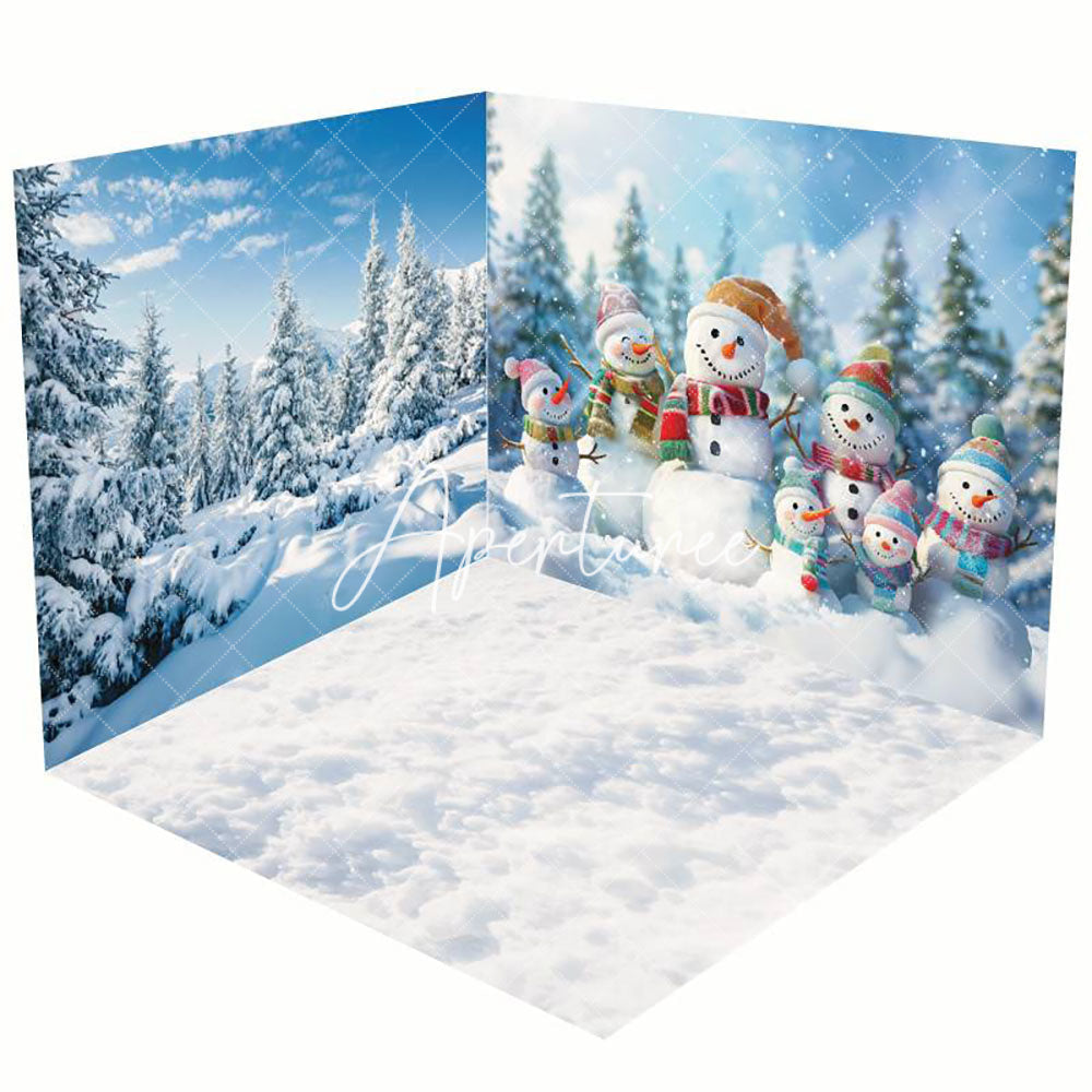 Aperturee - Aperturee Snowy Forest Cute Snowman Winter Room Set Backdrop
