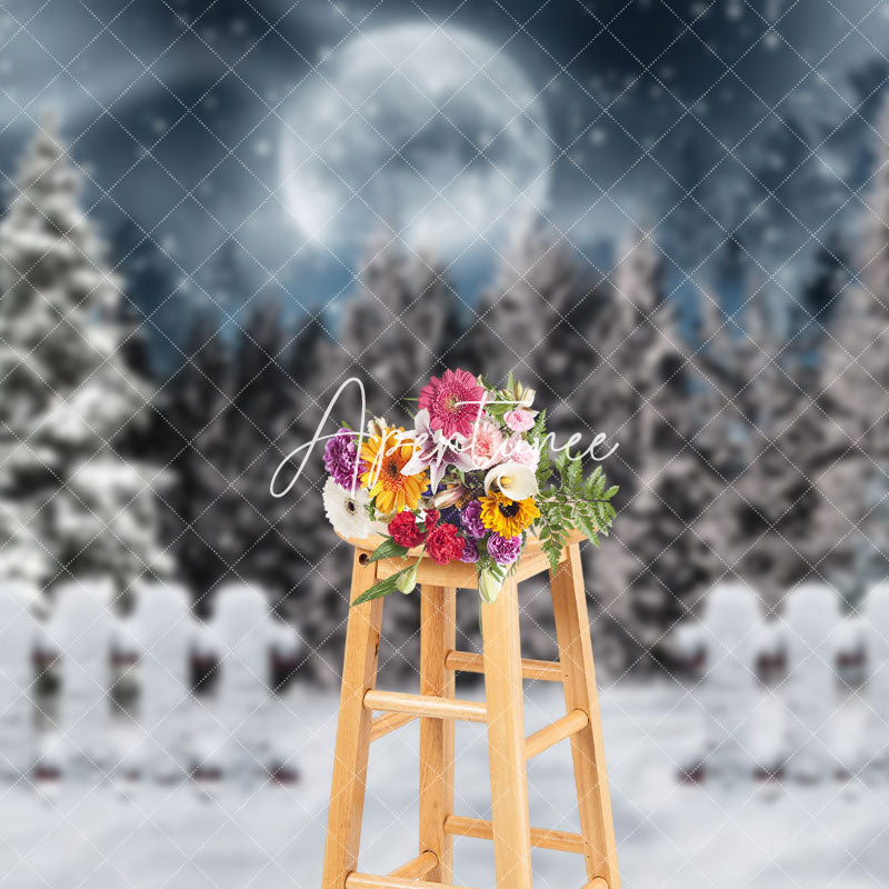 Aperturee - Aperturee Snowy Forest Fence Moon Night Winter Scene Backdrop