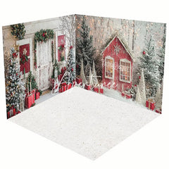 Aperturee - Aperturee Snowy Forest Field Cabin Christmas Room Set Backdrop