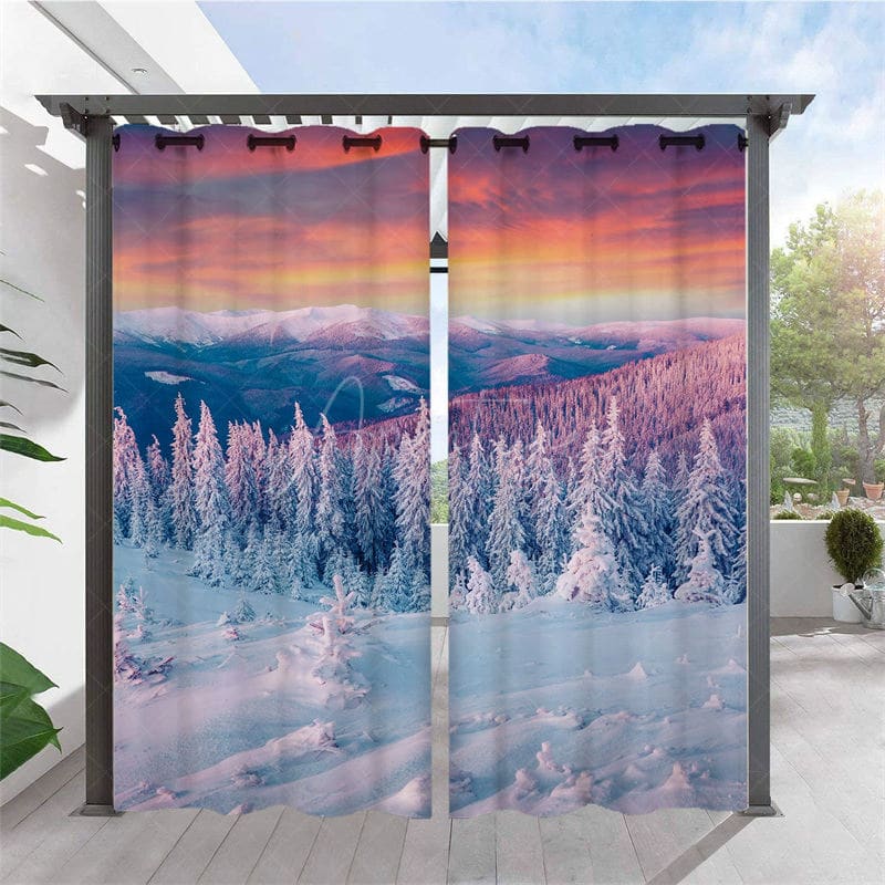 Aperturee - Aperturee Snowy Forest Mount Waterproof Outdoor Curtains For Porch