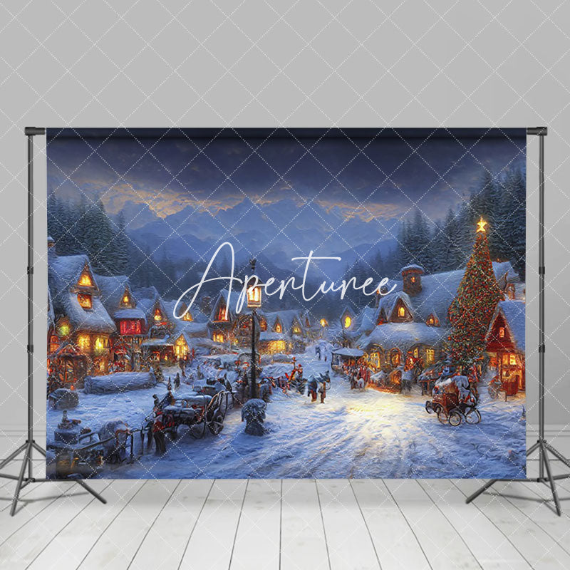 Aperturee - Aperturee Snowy Forest Mountain Town Night Christmas Backdrop