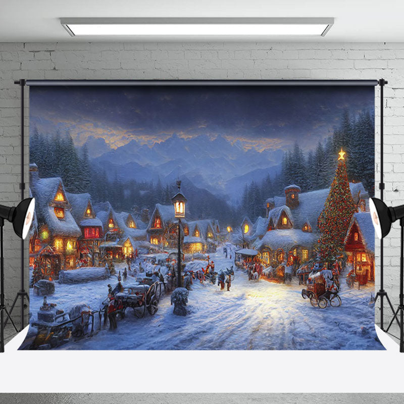 Aperturee - Aperturee Snowy Forest Mountain Town Night Christmas Backdrop