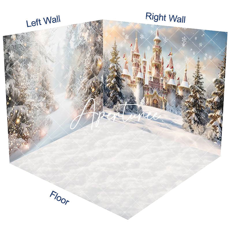 Aperturee - Aperturee Snowy Forest Scene Castle Christmas Room Set Backdrop