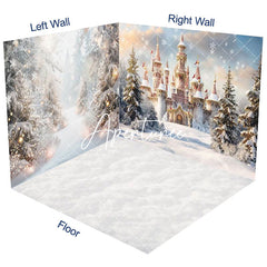 Aperturee - Aperturee Snowy Forest Scene Castle Christmas Room Set Backdrop