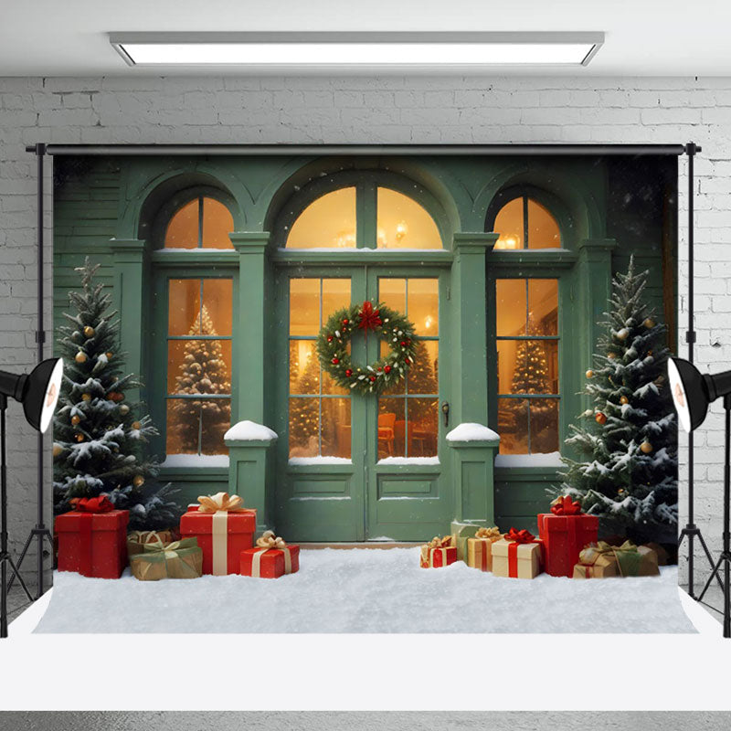 Aperturee - Aperturee Snowy Green Shop Wreaths Christmas Backdrop For Photography