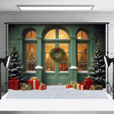 Aperturee - Aperturee Snowy Green Shop Wreaths Christmas Backdrop For Photography