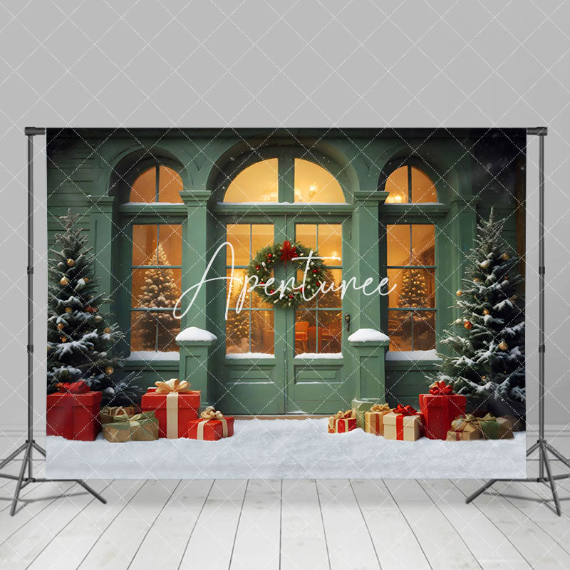 Aperturee - Aperturee Snowy Green Shop Wreaths Christmas Backdrop For Photography