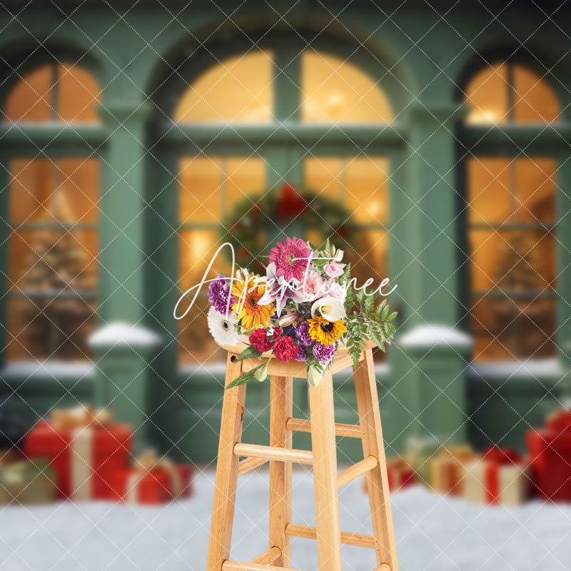 Aperturee - Aperturee Snowy Green Shop Wreaths Christmas Backdrop For Photography