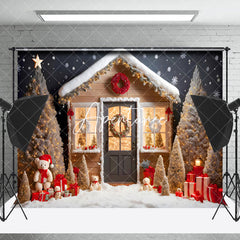 Aperturee - Aperturee Snowy House Trees Bear Gift Merry Christmas Backdrop
