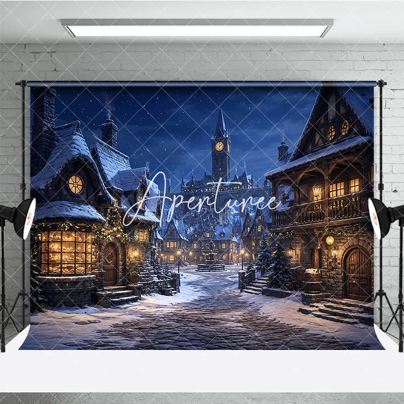 Aperturee - Aperturee Snowy Medieval Village at Night with Warm Glowing Lights Photography Backdrop Winter Holiday Celebration Decor
