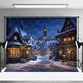 Aperturee - Aperturee Snowy Medieval Village at Night with Warm Glowing Lights Photography Backdrop Winter Holiday Celebration Decor